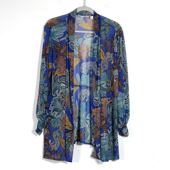 Susan Graver Sheer Mesh Cardigan Top Womens XLP Floral Print Ruched Sleeve - Picture 2 of 10